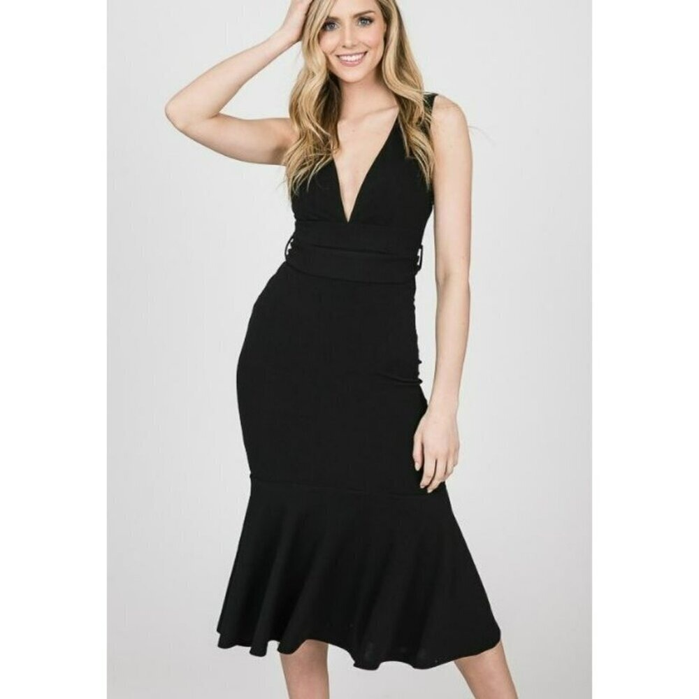 Twenty Ten Black V-Neck Mermaid Midi Dress Sleeveless‎ Tie Back Flounce Hem S